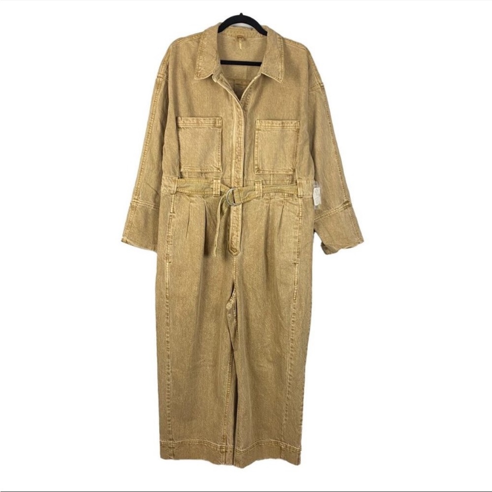 Free People Wayward Super Slouch Jumpsuit Pockets Utility Beige